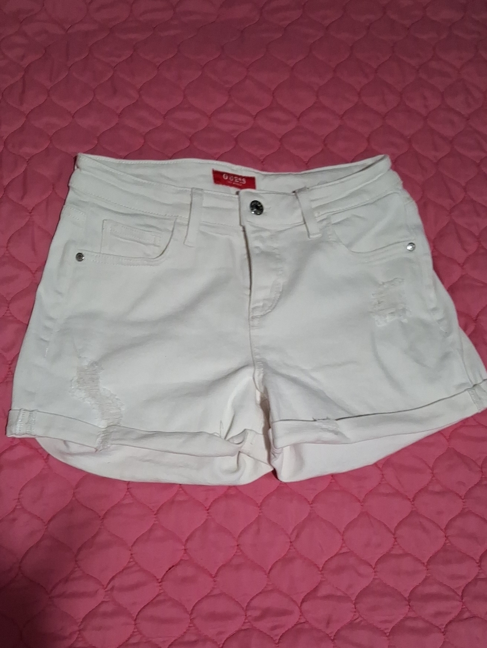 Guess Cream Distressed Rolled-Hem Denim Shorts